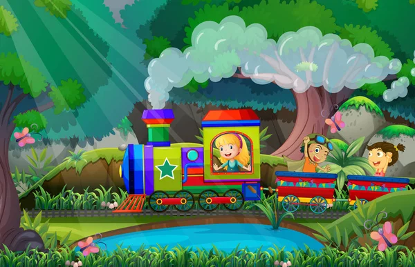 Los niños viajan en tren en el bosque — Vector de stock