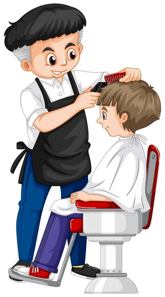 Barbeiro dando menino corte de cabelo — Vetor de Stock