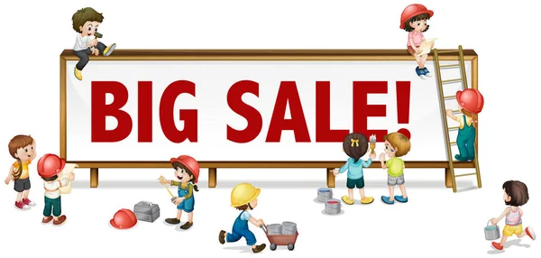 Big sale sign with little children in background — Stock Vector