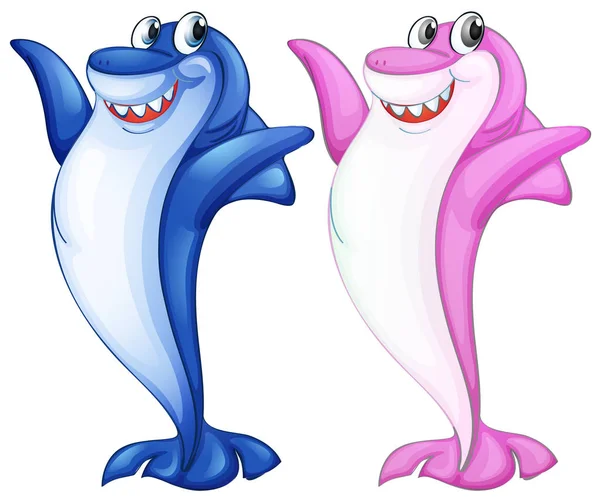 Blue and pink sharks with happy face — Stock Vector