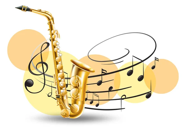 Saxofón dorado con notas musicales de fondo — Vector de stock