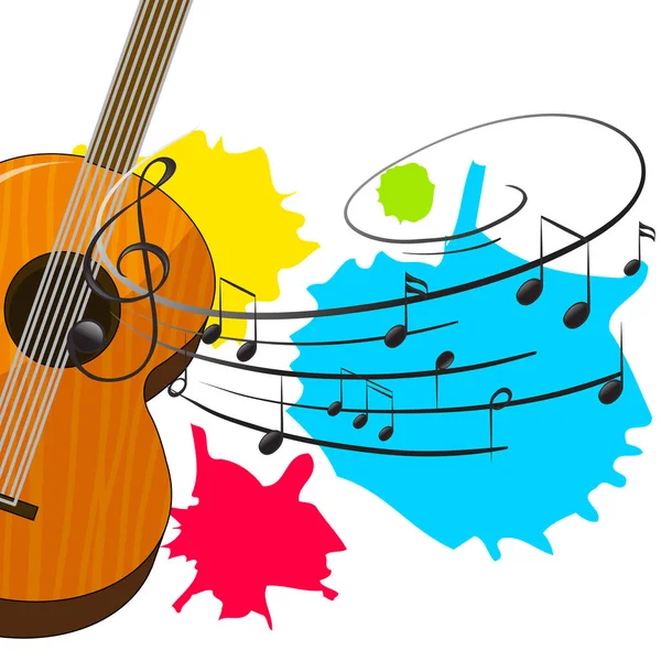 Wooden guitar with music notes in background — Stock Vector