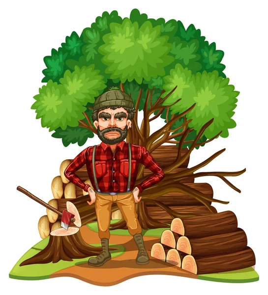 Lumber jack en brandhout in het veld — Stockvector
