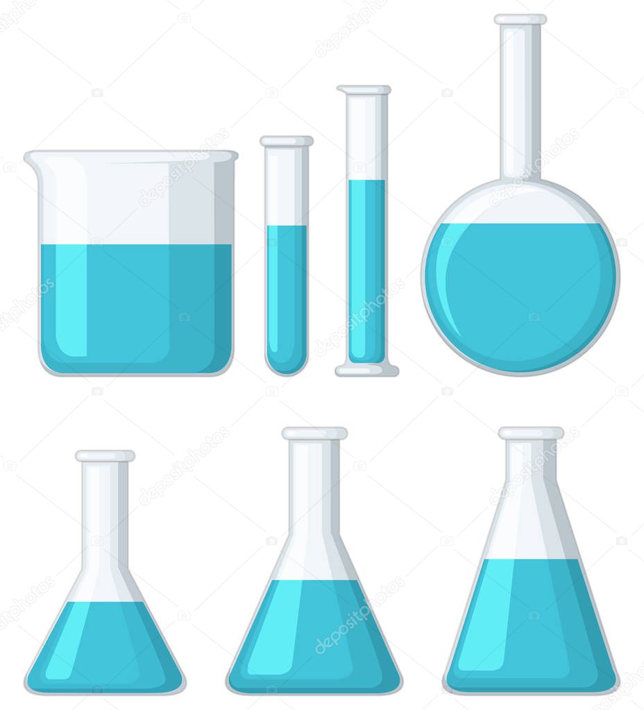 Different beakers filled with blue liquid