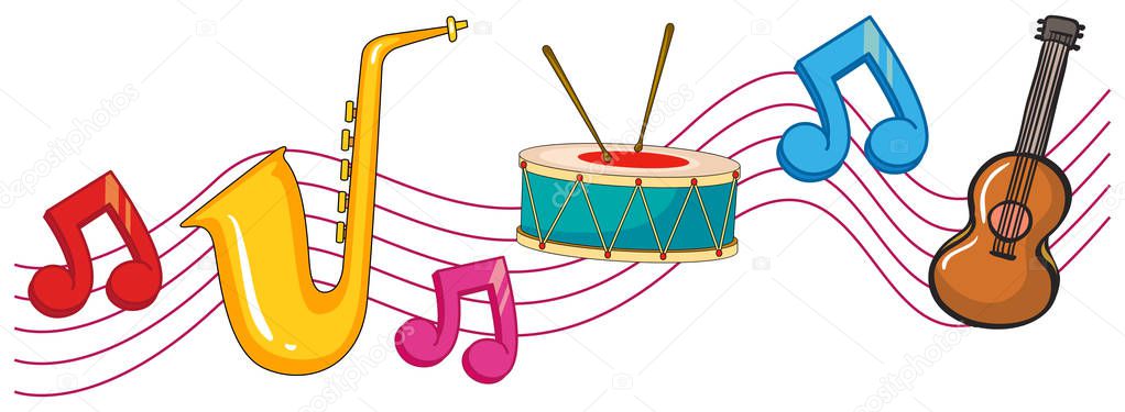 Different types of instruments with music notes in background