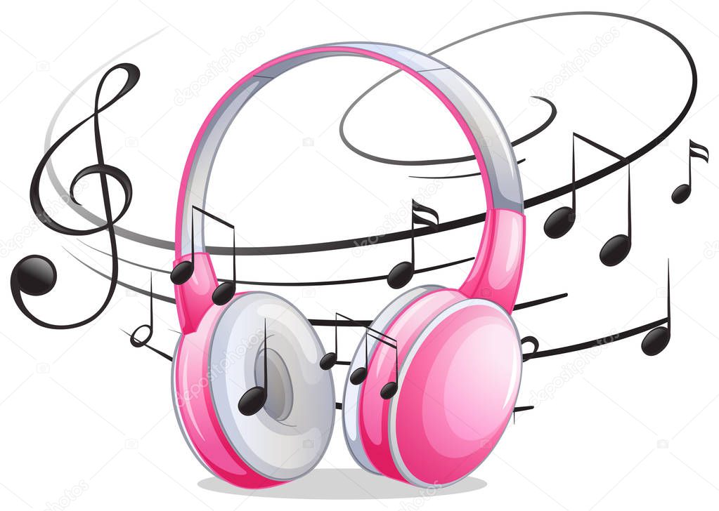 Pink headphone with music notes in background