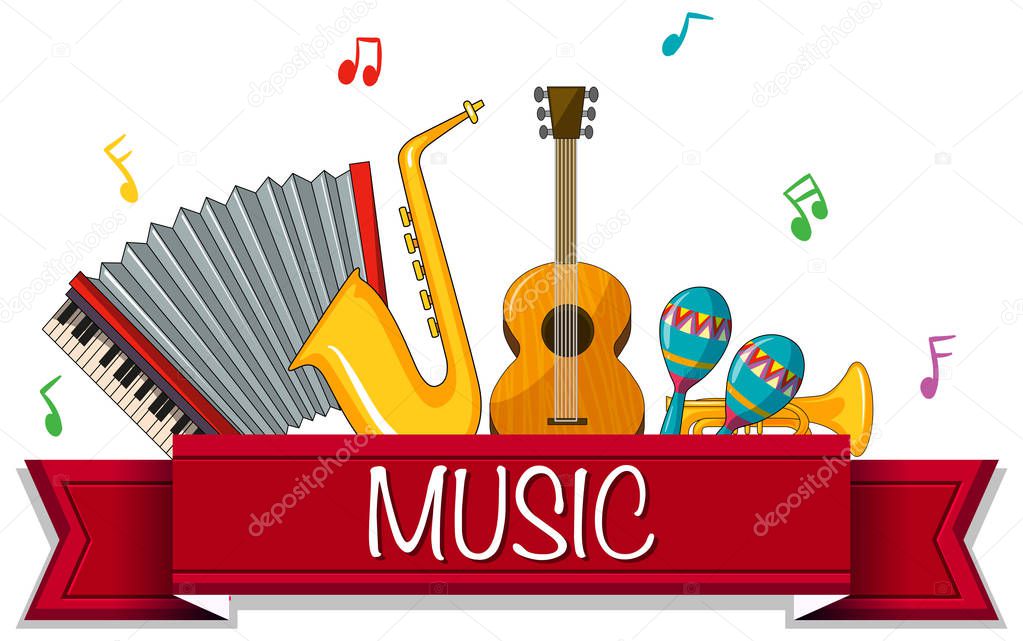 Different types of musical instruments with banner