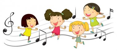 Arka planda müzik notları ile dans mutlu çocuk