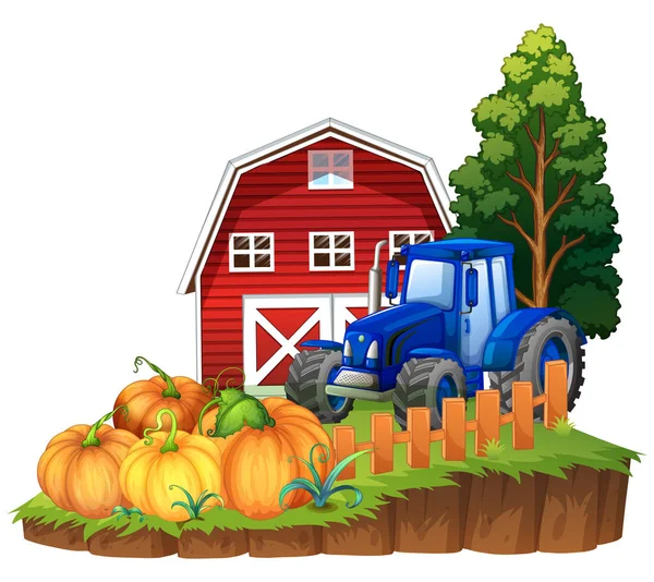Farm scene with blue tractor and pumpkins — Stock Vector