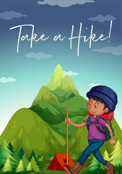 Man hiking up the mountain with phrase take a hike — Stock Vector