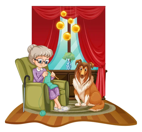 Nagymama kötögetni, a kutya mellé kanapé — Stock Vector