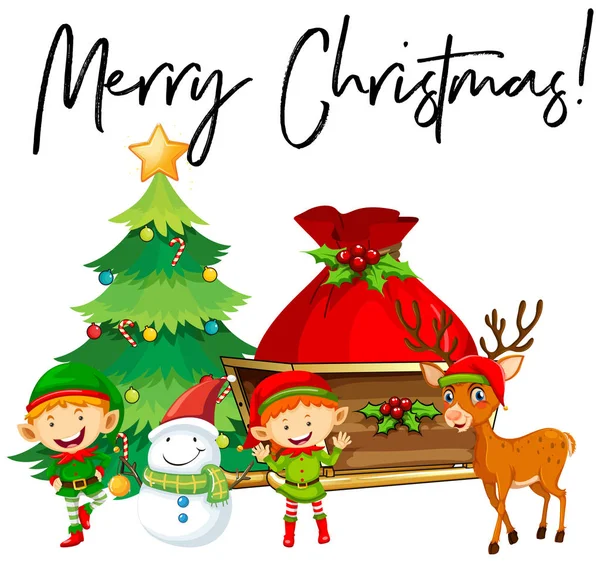 Elfos y árbol de Navidad con frase Feliz Navidad — Archivo Imágenes Vectoriales