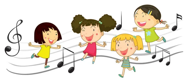 Gelukkige kinderen dansen met muziek notities in achtergrond — Stockvector