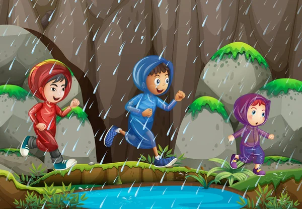 Three kids in the rain — Stock Vector