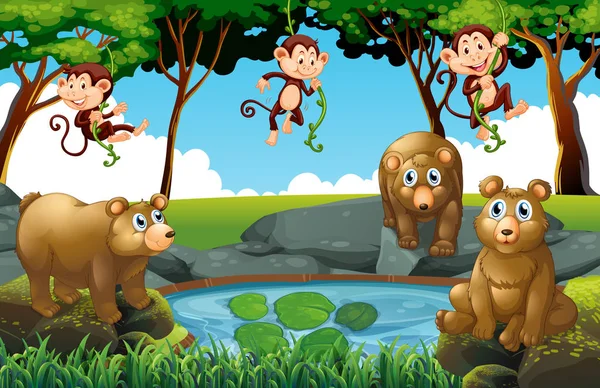 Bosque con osos y monos — Vector de stock