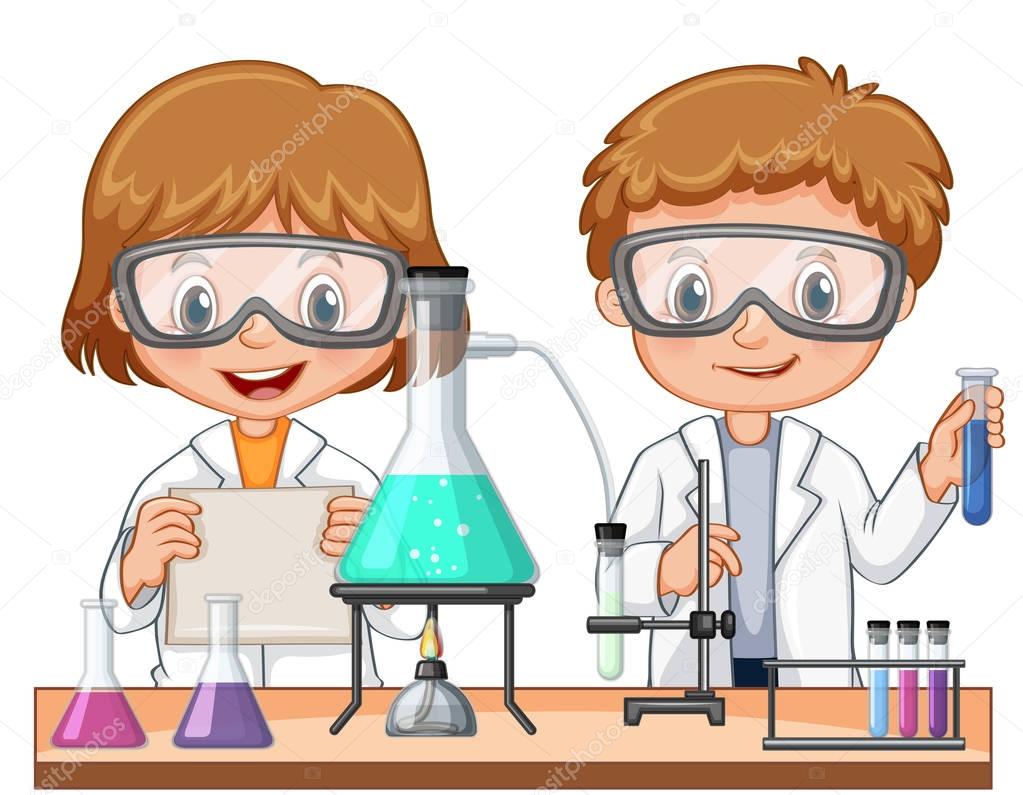Two kids doing science experiment in class