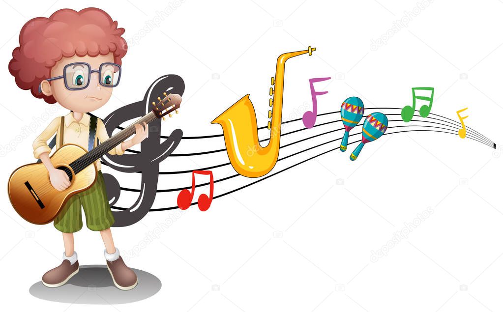 Boy suona chitarra e note musicali in sottofondo Grafica Vettoriale