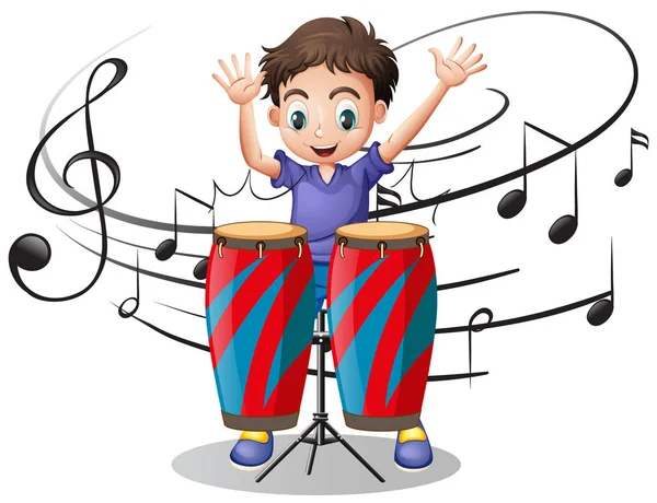 Boy playing drum with music notes in background — Stock Vector