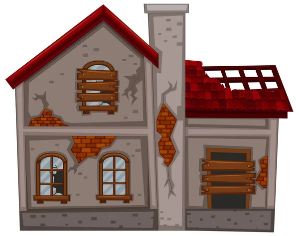 Antigua casa con techo y ventanas rotas — Vector de stock
