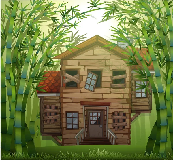 Oud houten huis in bamboo forest — Stockvector
