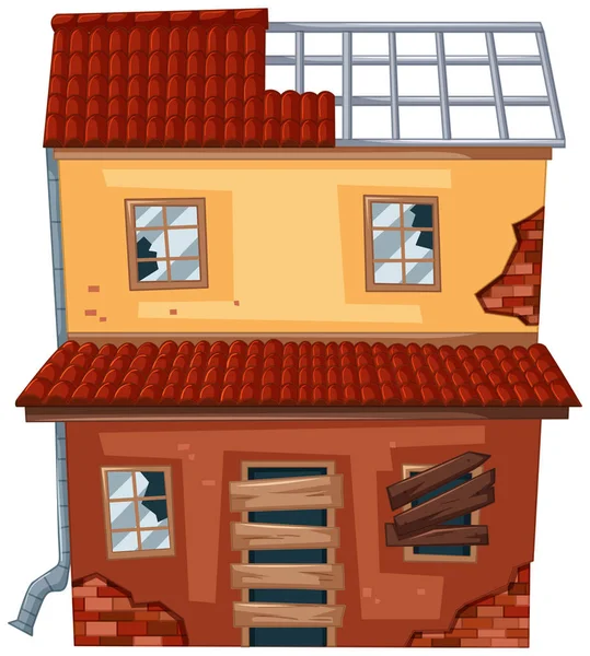 Casa de ladrillo con techo roto y ventanas — Vector de stock