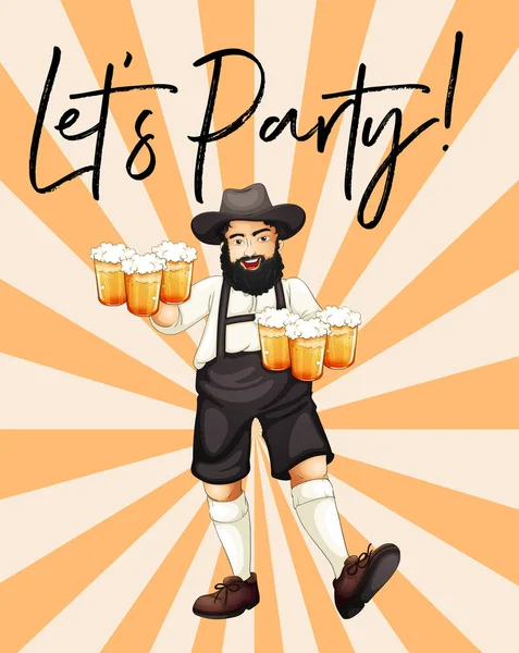 Człowiek z szklanki piwa z frazą let's party — Wektor stockowy