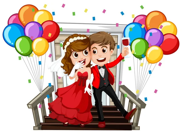 Svatební pár s barevnými balónky — Stockový vektor