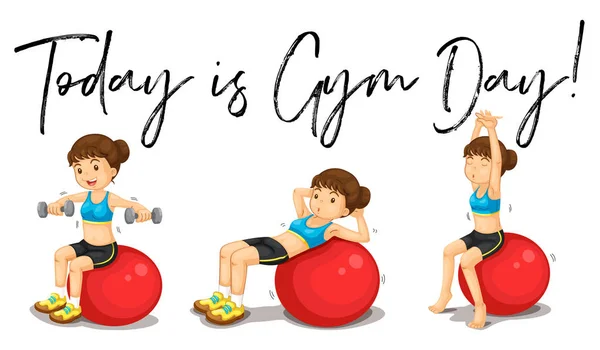 Woman doing exercise with phrase today is gym day — Stock Vector