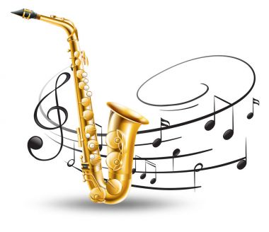 Saksafon ile arka planda müzik notlar