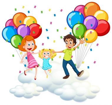 Anne-babalar ve renkli balonlar ile bulutlar üzerinde küçük kız