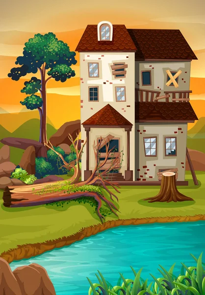 Old house by the pond — Stock Vector