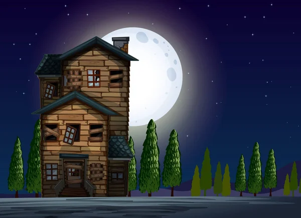 Vieille maison en bois la nuit de pleine lune — Image vectorielle