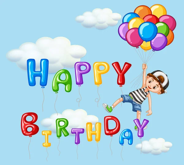 Happy birthday card with boy and balloons — Stock Vector