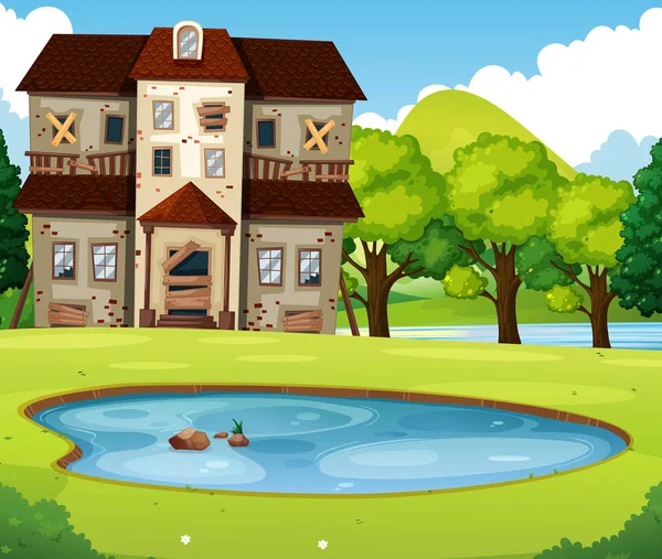 Old brick house with lawn and pond — Stock Vector