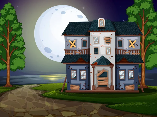 Casa embrujada junto al lago por la noche — Vector de stock