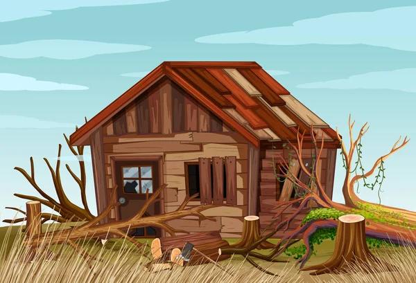 Scena z stary drewniany dom w polu — Wektor stockowy