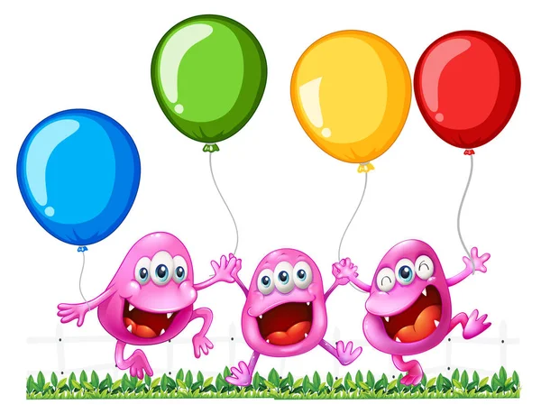 Three monsters playing with balloons — Stock Vector