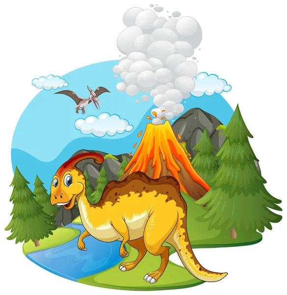 Escena con dinosaurios y volcán — Vector de stock