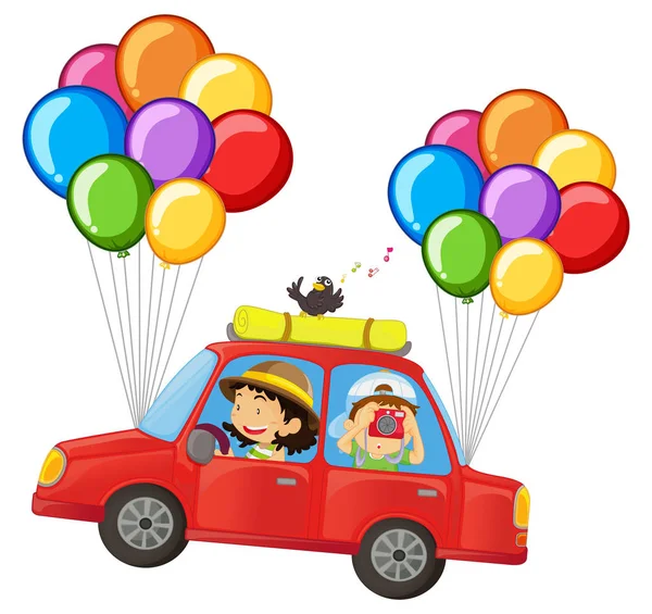 Niños en coche con globos de colores adjuntos — Archivo Imágenes Vectoriales
