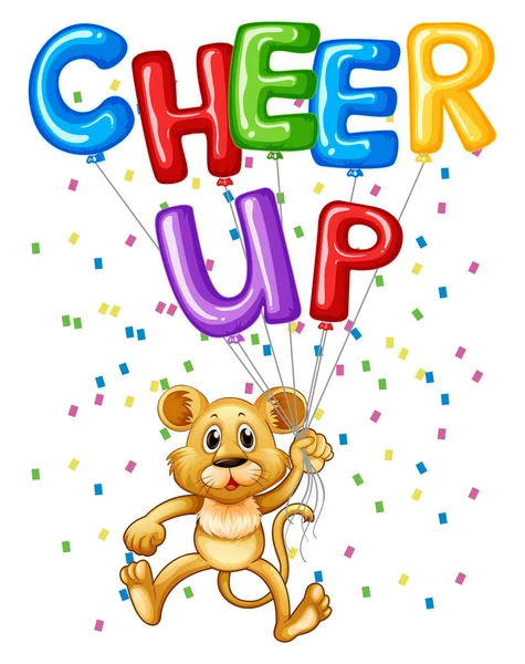 Cute lion cub with balloons and word cheer up — Stock Vector