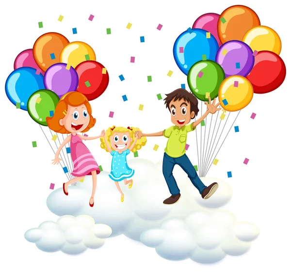 Parents and little girl on clouds with colorful balloons — Stock Vector