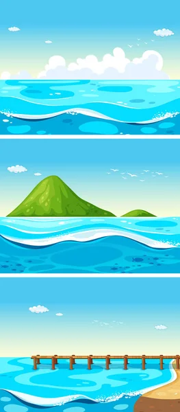 Drei Szenen des Ozeans bei Tag — Stockvektor