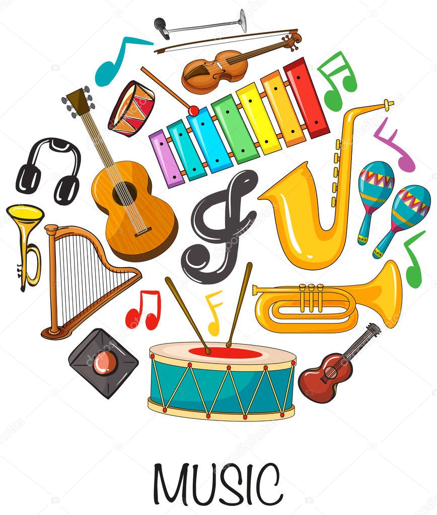 Different musical instruments on white background