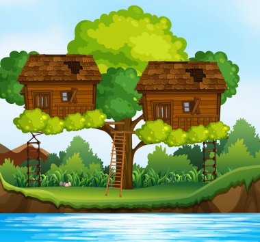 Nehrin yanında ağaçta iki treehouses