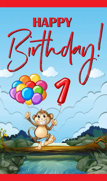 Gelukkig verjaardagskaart met aap en ballonnen — Stockvector