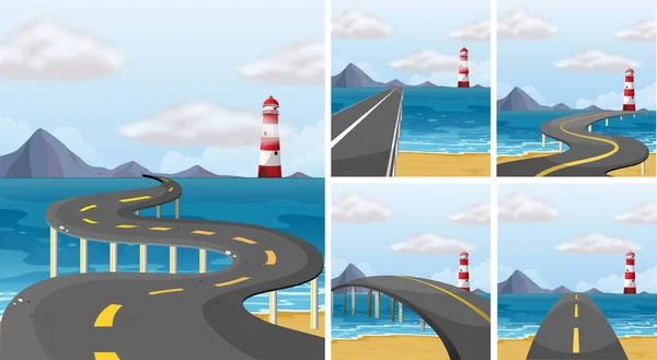 Cinco escenas de la carretera a través del océano — Vector de stock