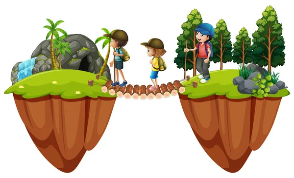 Niños caminando en el bosque — Vector de stock