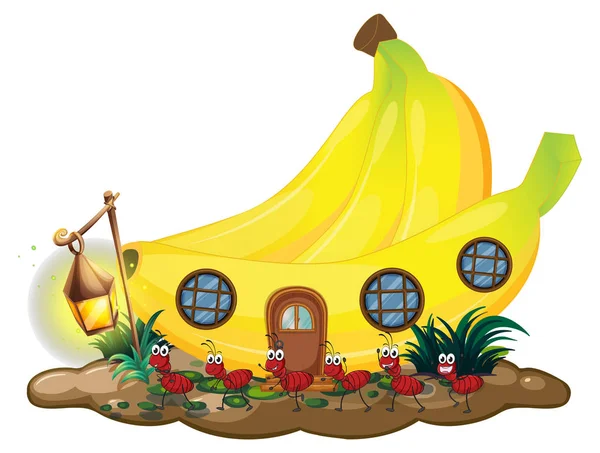 Maison banane avec fourmis rouges marchant à l'extérieur — Image vectorielle