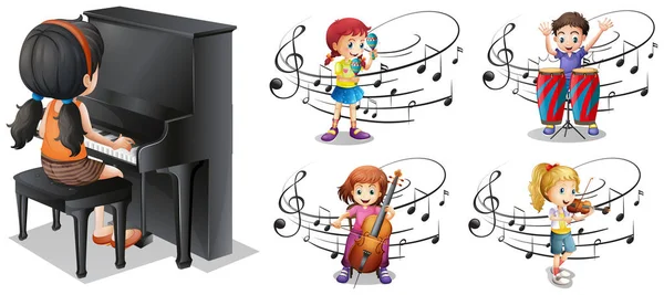 Niños tocando diferentes instrumentos musicales — Vector de stock