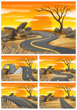 Savana alan boş yollar ile gün batımında